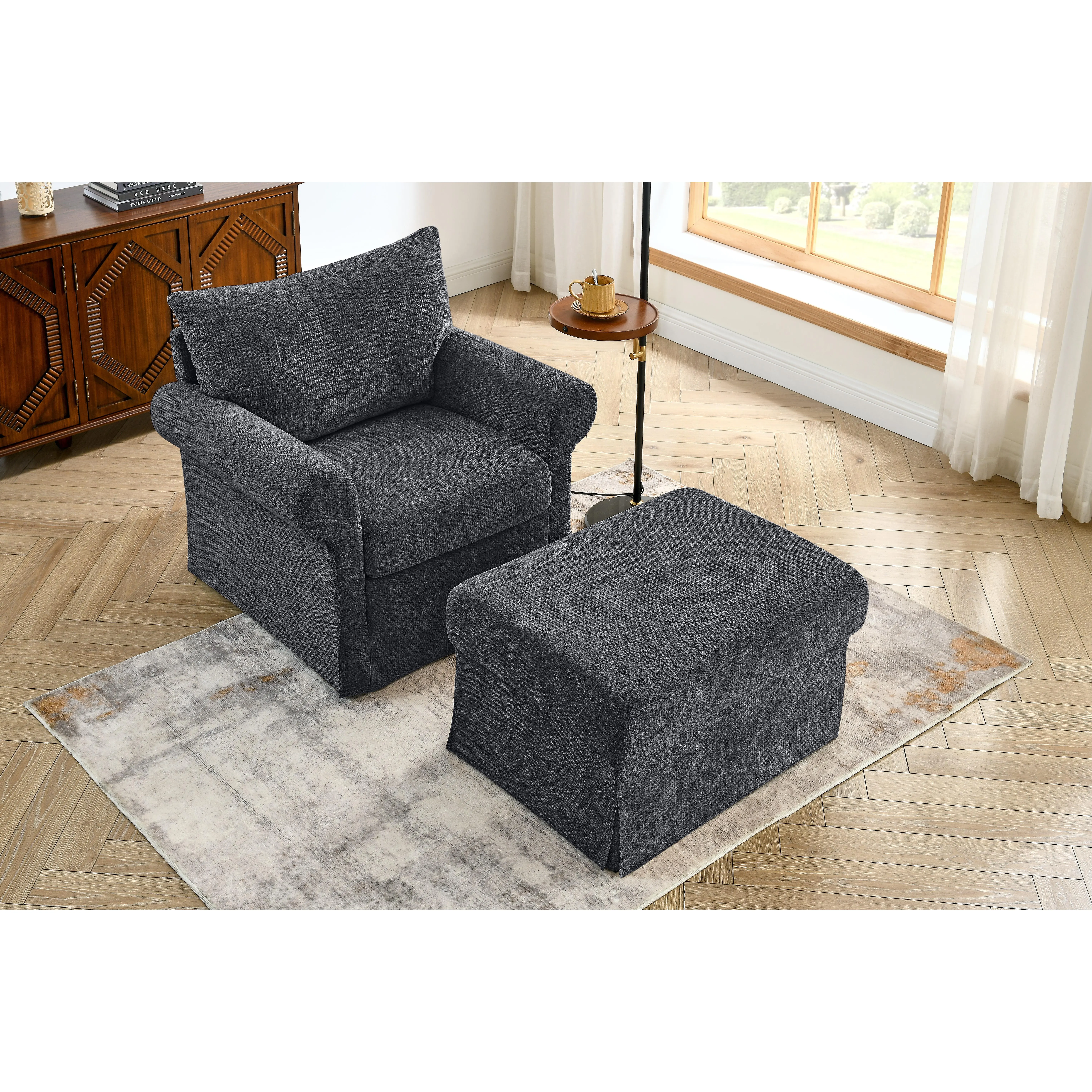 ARCH 37.5" Accent Chair with Ottoman, Plush Chenille Upholstered Armchair, Stylish Single Sofa Chair for Living Room, Bedroom, Apartment, Comfy Reading Chair with Footstool, Modern Tufted Design, Living Room Furniture for Apartment, Lounge