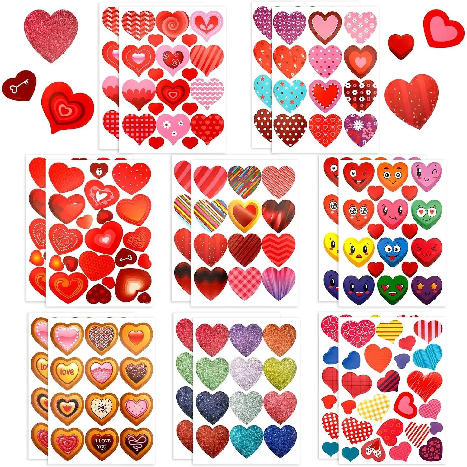 Heart Stickers, Valentines Stickers, 260 count Valentine Day Heart Stickers, Self-Adhesive Hearts Decorative Sticker Decal for Mother's Day Wedding School Craft Activity Party Favors Supplies