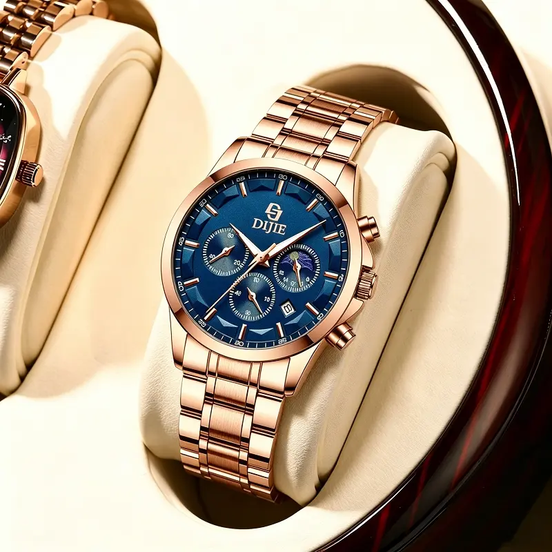 Sophisticated Everyday Fashion Wristwatch Rose Gold Stainless Steel Band Decorative Chronograph & Moon Phase Dial Date Display Ideal Birthday Holiday Gift Watch For Him