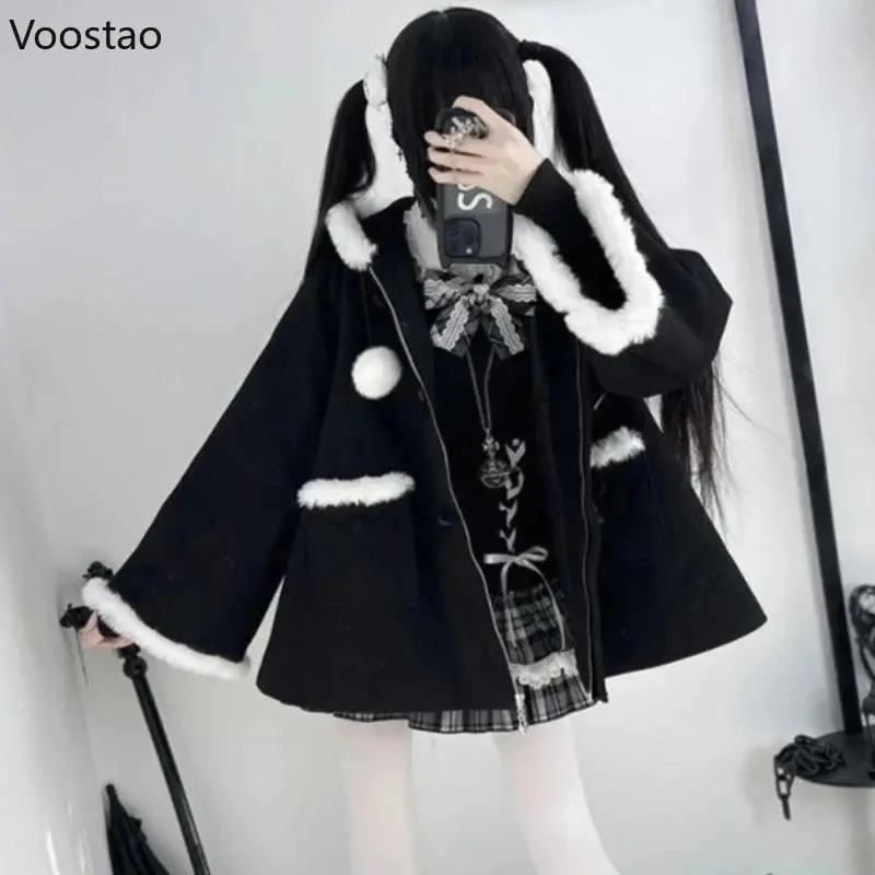 Japanese Gothic Plush Patchwork Hooded Coat Y2k Aesthetic Women Sweet Button Woolen Jackets Autumn Winter Retro Lolita Overcoat