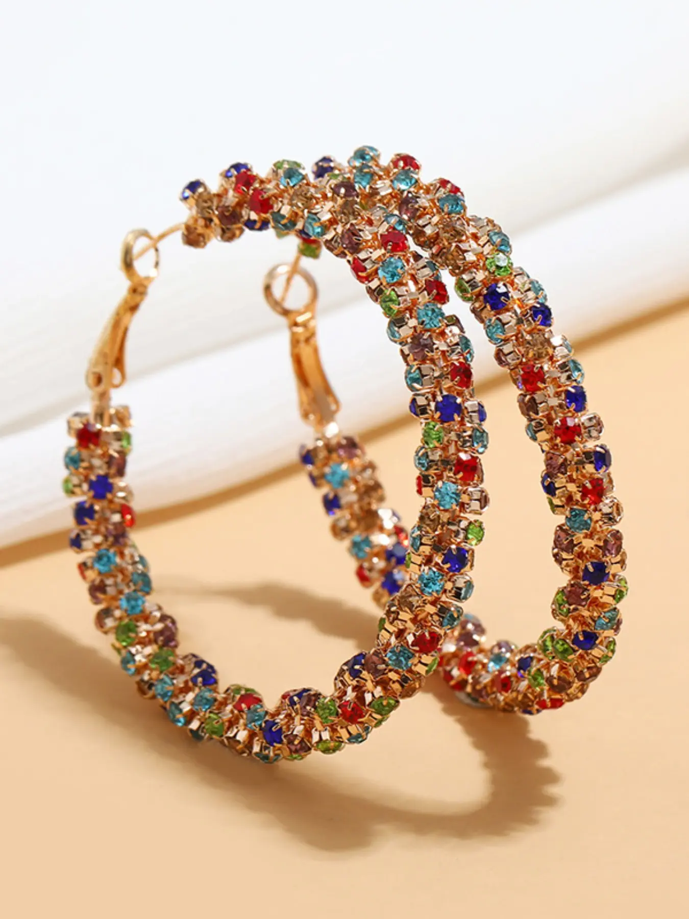 AEONBLULI Rainbow Multicolor Rhinestone Hoop Earrings for Women, Chunky Colorful Crystal Statement Hoops, Birthday Party Jewelry Gift
