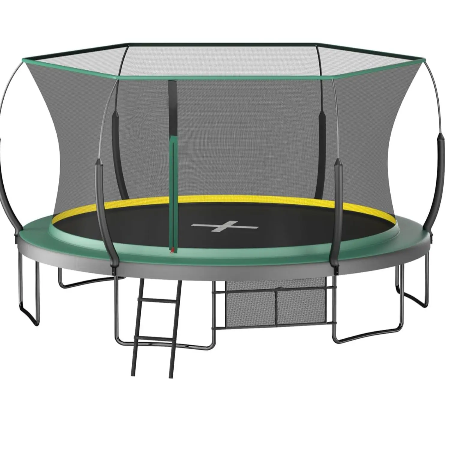 14ft Round No-Gap Bungee Rubber Outdoor Trampoline for Teenagers & Adults, Fast Assembly, Double-Layer PVC Mesh Fabric, Galvanized Metal Pipes, Includes Ladder & Shoes