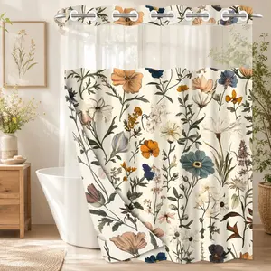 1 Piece No Hook Double Layer Shower Curtain, Vintage Wildflower Print Bath Curtain, Waterproof, Mildew Resistant, Durable Fabric, Farmhouse Home Decor, Removable Liner, Top See-Through Window, Partition Curtain 71"×74"