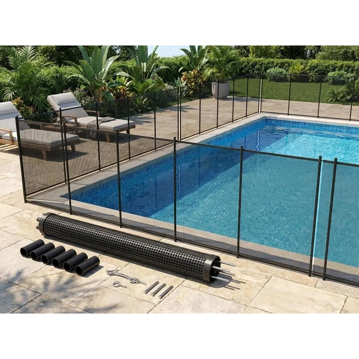 4 x 12 ft Emovable Mesh Pool Safety Fence for Inground Pool with Stainless Steel Feet Protects Kids and Pets