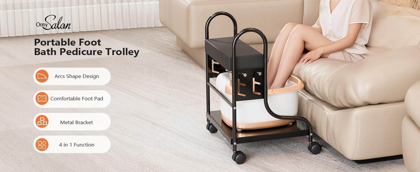 OmySalon Pedicure Cart Foot Bath Trolley, Adjustable Height Salon Trolley with PU Cushion, Portable Nail Esthetician Cart for Manicure & Foot Massage, Beauty Spa Supplies with Locking Wheels