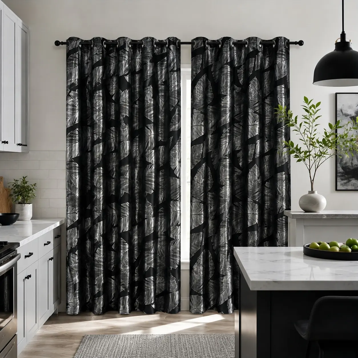 Blackout Curtains - Black Silver Foil Print Polyester Window Drapes, Durable, Dustproof, Fade-Resistant, Soft, Machine-Washable Light-Blocking Curtains for Bedroom Modern Home Decor