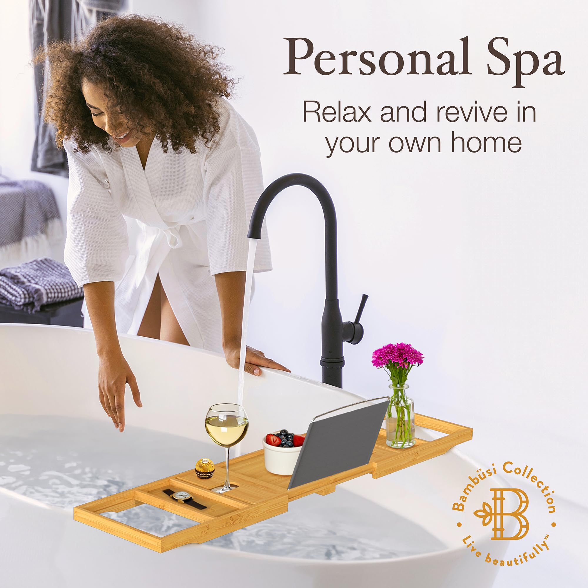 Bamboo Bath Tub Tray, Wooden Bath Tub Tray with Expandable Sides, Bathroom Accessories & Gifts for Women & Men