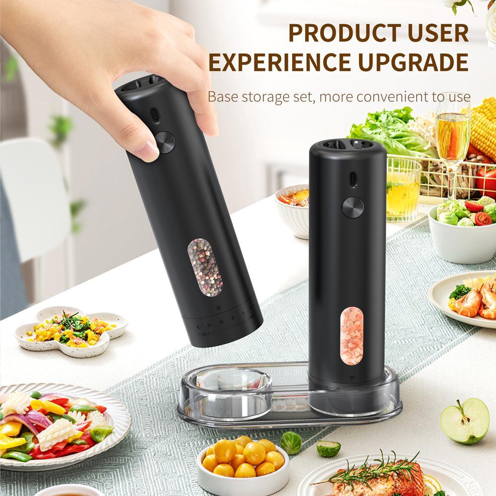 Electric Salt & Pepper Grinder Set, 1 Set Rechargeable Automatic Pepper Mill Grinder with LED Light, Modern Home Adjustable Coarseness Shakers, One-hand Operation for Kitchen
