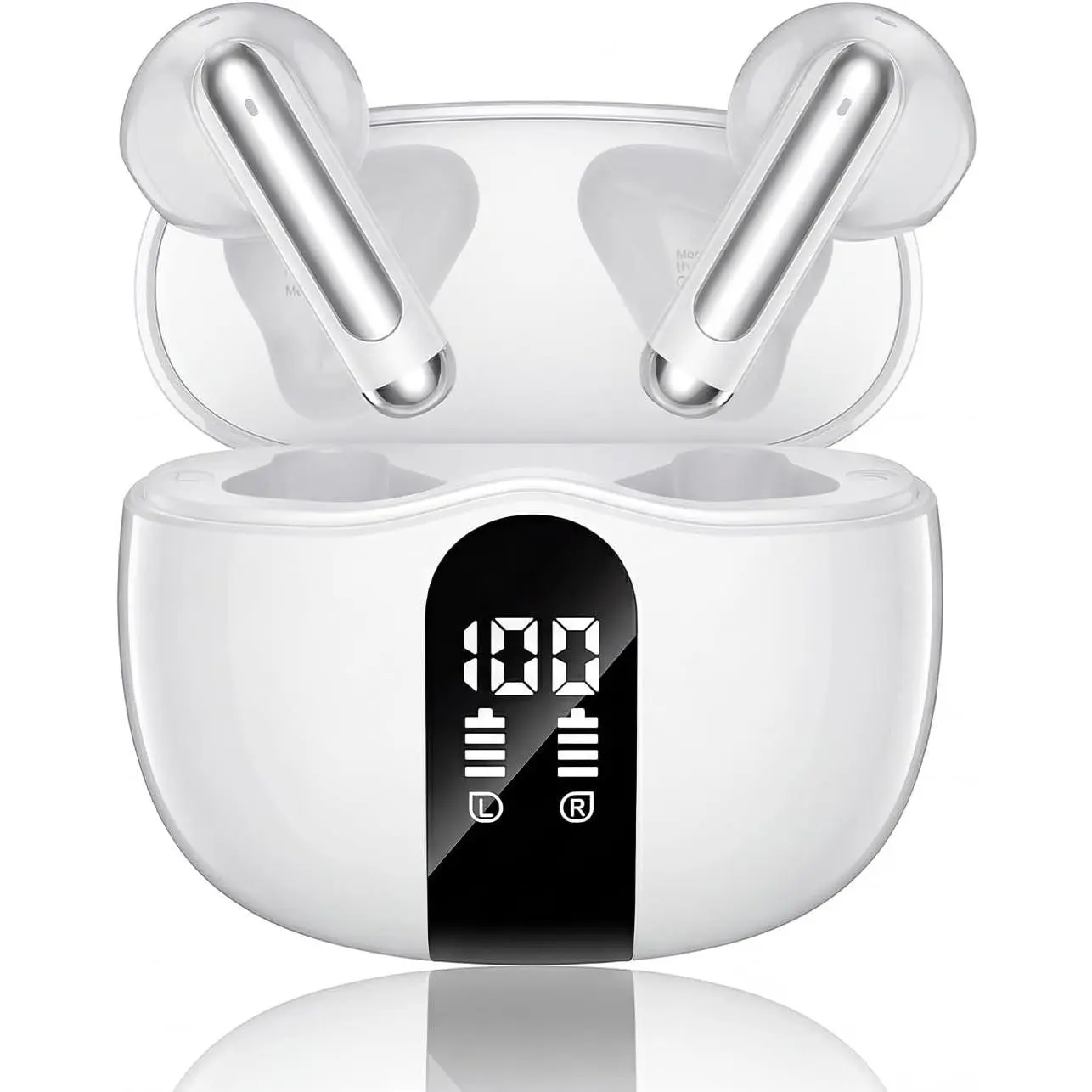 Wireless Earbuds, 2026 Bluetooth 5.4 Headphones Bass Stereo Ear Buds with Noise Cancelling Mic, LED Display in Ear Earphones 50H Playtime Ear Buds, IP7 Waterproof for Laptop Pad Phones Pure WhiteGift.