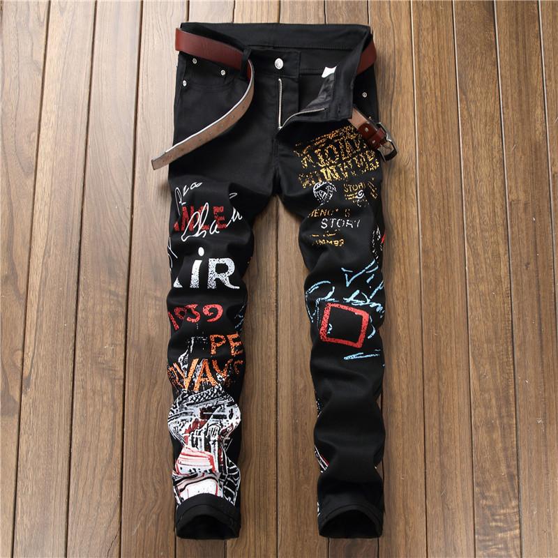 Street style design, light luxury couple jeans, elastic casual pants, printed straight leg pants, street fashion