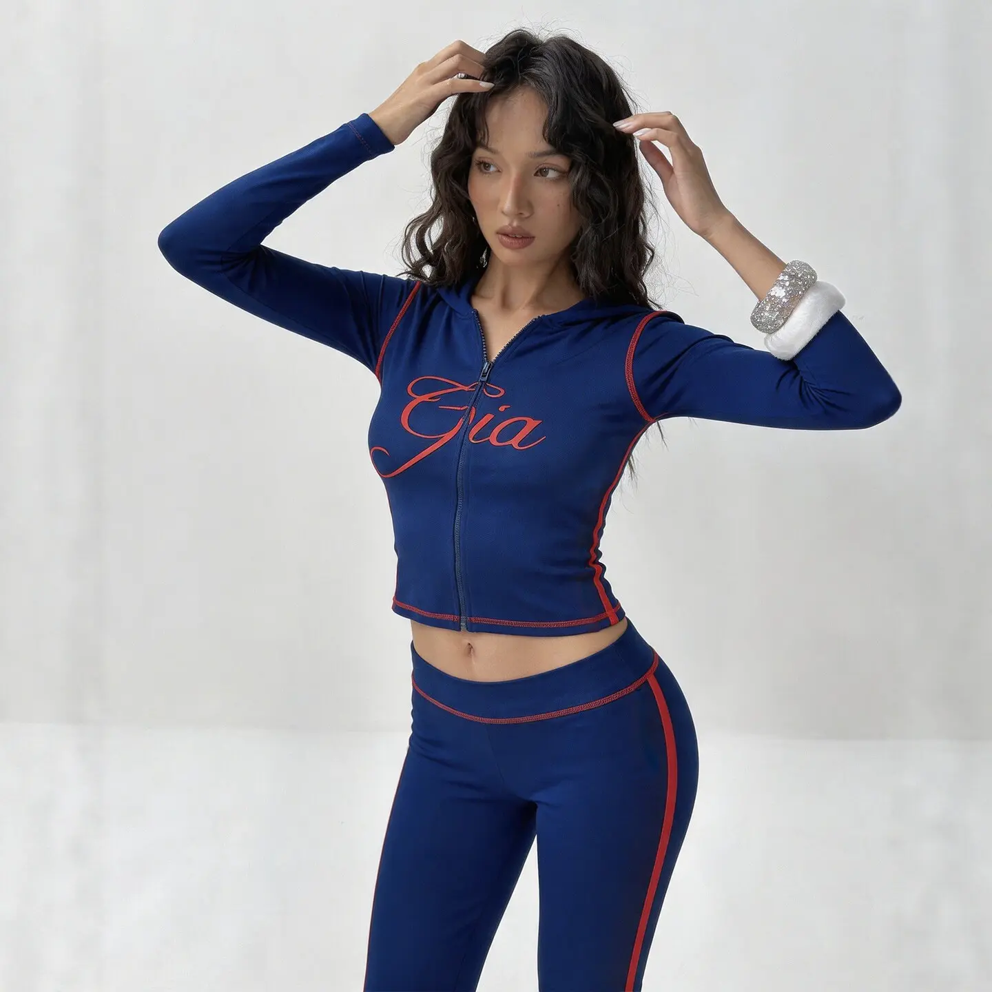 New Early Fall Women 2 Piece Tracksuit, Fashion Abstract Print Stretch Slim Fit Hooded Jacket & Long Pants Matching Outfit, Casual Sporty Daily Streetwear Set 2026 Early Fall Trendy Women Matching Sweatsuit, Slim Stretch Printed Hoodie Jacket + Skinny Swe