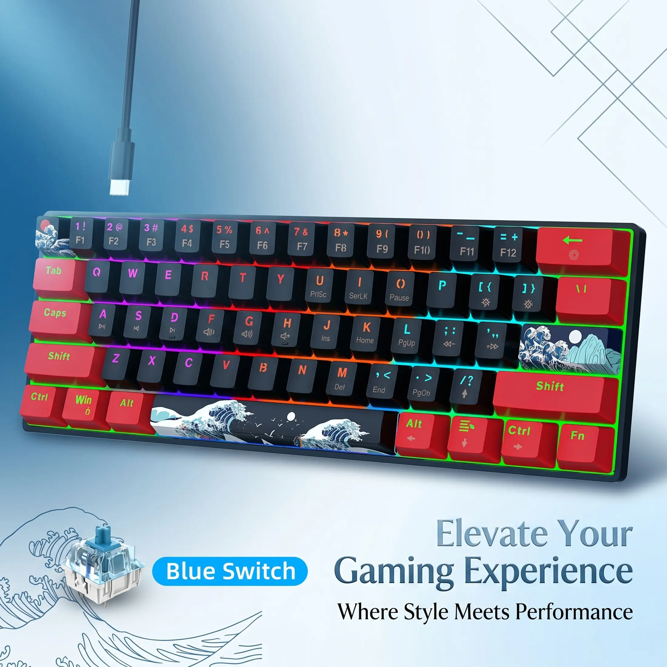 Wired 60% Mechanical Keyboard, Gaming Keyboard with Blue Switch & Sea Blue Backlit, Portable Compact 61-key Gaming Keyboard for Gamer, Gaming Accessories