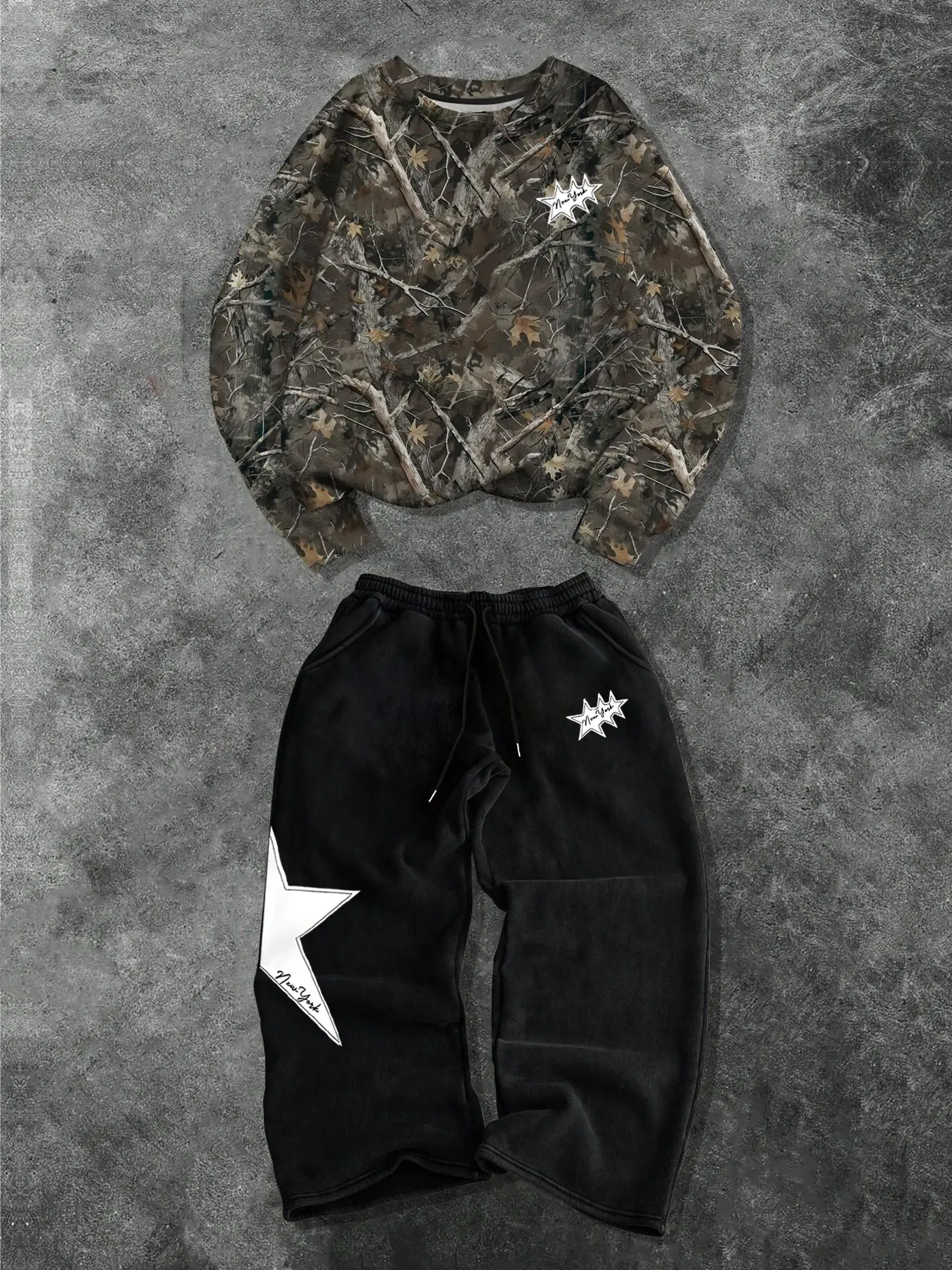 Men's Two-Piece Set, Fashion Sporty Camo Crew Neck Sweatshirt and Wide Leg Pants, Comfortable Casual for Spring & Fall