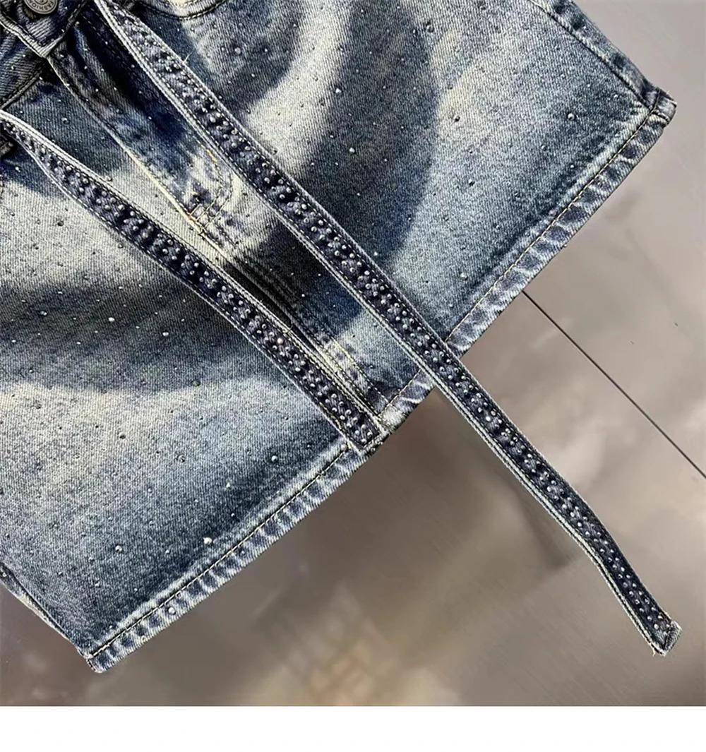 Oversize Retro Diamond Denim Mini Skirt for Women Summer High Waist Shiny Rivet Slim Skirts Gradient Black Grey Jean Skirts, Womenswear Bottom Palda Basic Minimalist