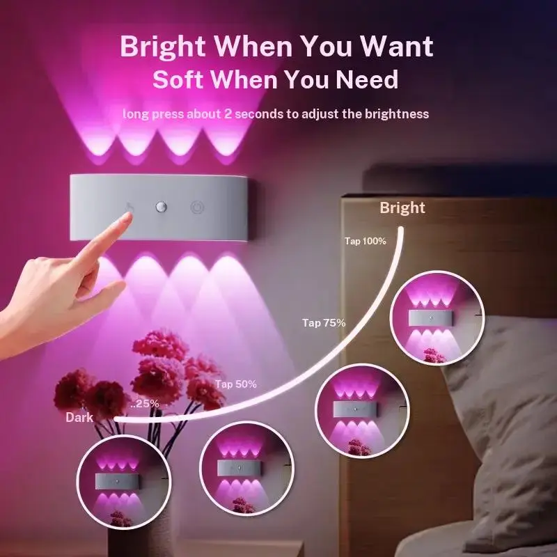 Intelligent LED wall lamp, LED wall sconce with motion sensor, three color temperature modes, adjustable brightness, supports USB charging, touch operation without wiring, suitable for bedside lamps, reading lamps, living room, bedroom and home lighting.