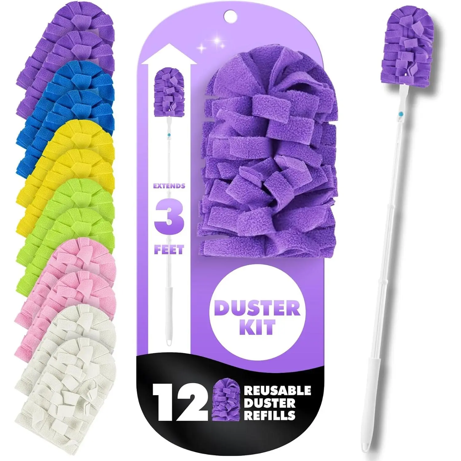 12 PCS Reusable Duster Refills with 3 ft Extendable Handle for