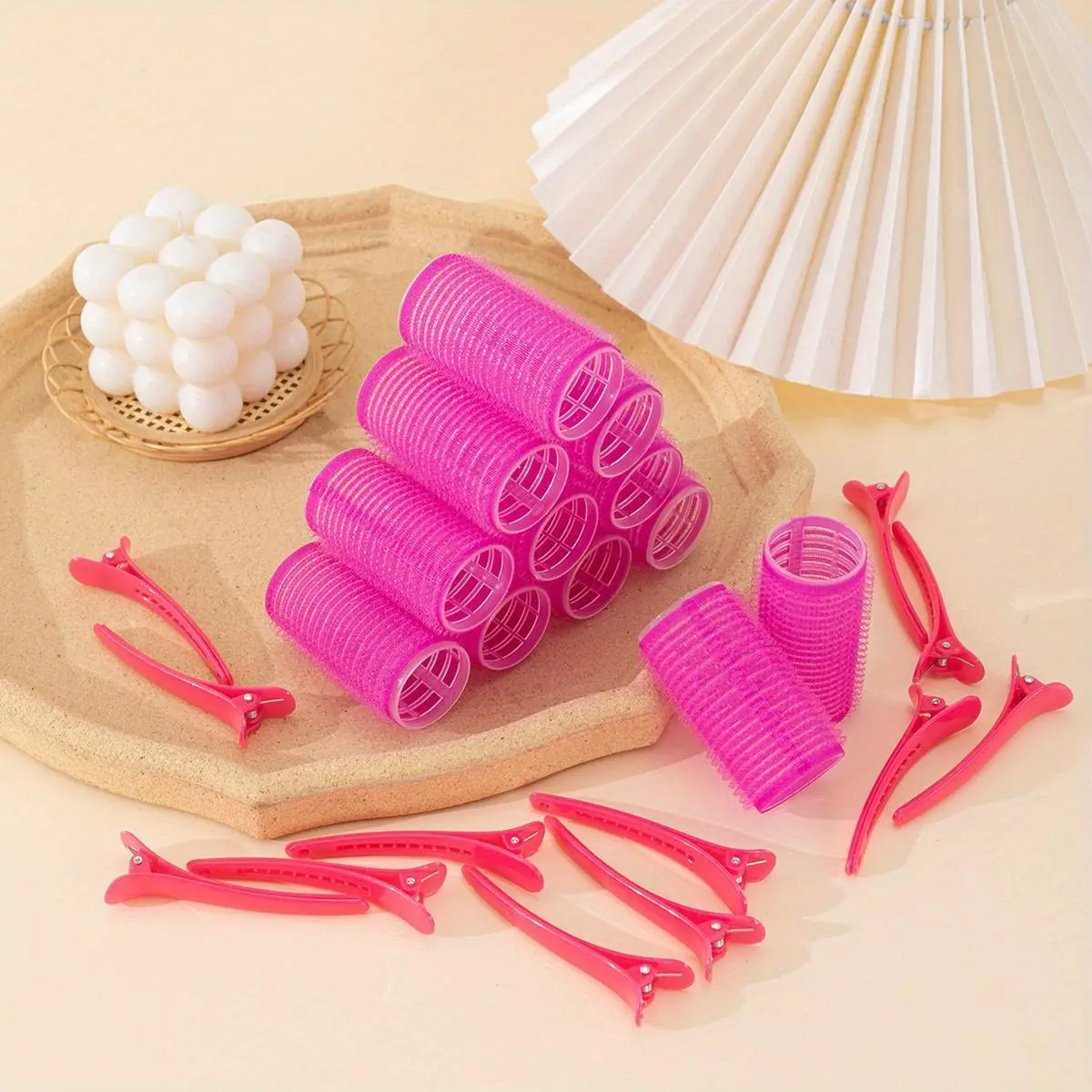 Self-adhesive hair curlers and clips set, consisting of 12 self-gripping curlers and 12 crocodile skin curling clips. Suitable for hair styling tools in beauty salons, Self Grip Rollers