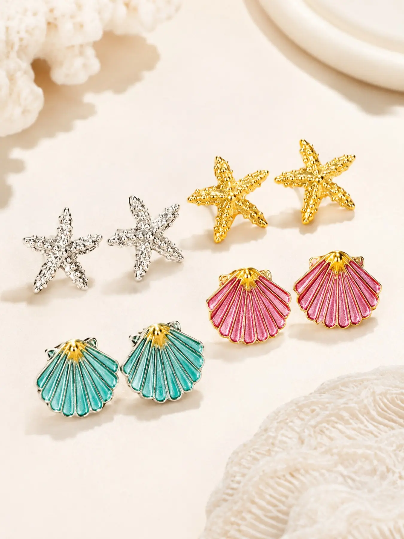 4 Pairs Starfish Shell Stud Earrings Set for Women, Gold Tone Silver Tone Colorful Beach Earrings, Coastal Jewelry, Graduation Gift Bridesmaid Wedding Holiday Gift
