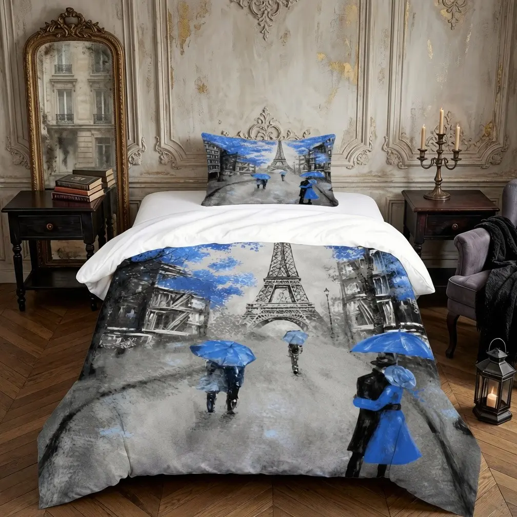 2/3 Pieces Vintage Blue Paris Eiffel Tower Duvet Cover Set (1 Duvet Cover + 2 Pillowcases, No Inserts), Single-Side Watercolor Digital Printed Soft Polyester Bedding, Romantic Cityscape Decor for Bedrooms and Guest Rooms