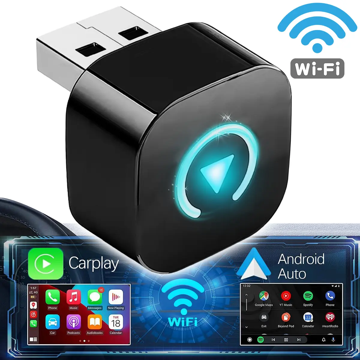 Wireless CarPlay Adapter, USB Carplay, Mini Portable Design, Bluetooth 5.0 and 2.4G/5G Dual Band WiFi, Plug & Play, Low Latency, Hands Free Call, Compatible with CarPlay & Android Auto, Wireless Carplay Dongle