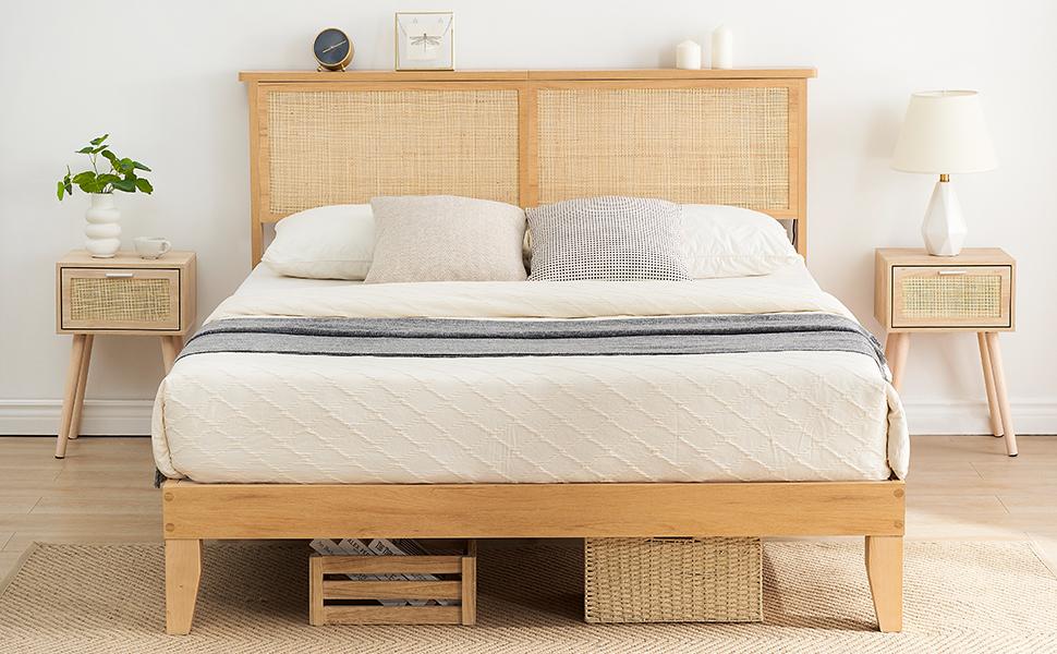 Garvee Rattan Bed Frames Available in Twin, Full, Queen, and King Sizes Featuring Natural Rattan Headboards, LED Lighting, Sturdy Wooden Slats, Noise-Free Platform, No Box Spring Required, Easy Assembly, and Storage Options