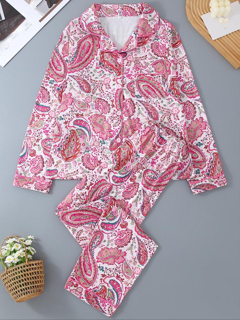 Women's Two-Piece Sleepwear Loungewear Set, Long Sleeve Top & Elastic Pants, Casual Paisley Pattern, All-Season Comfortable Home Wear