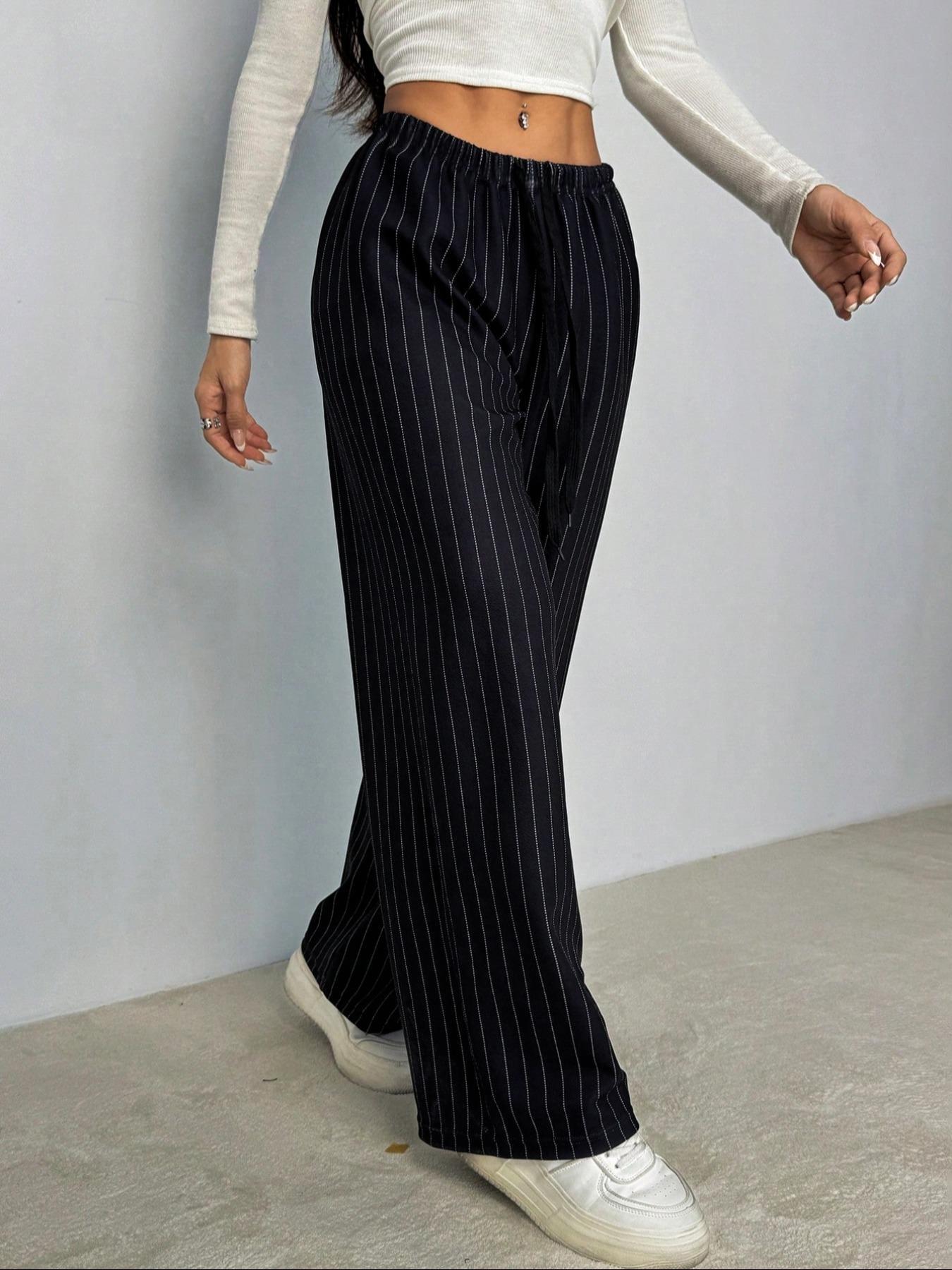 Women's Stripe Print Woven Wide Leg Pants, Casual Comfy Trousers for Daily Wear, Ladies Bottoms for All Seasons
