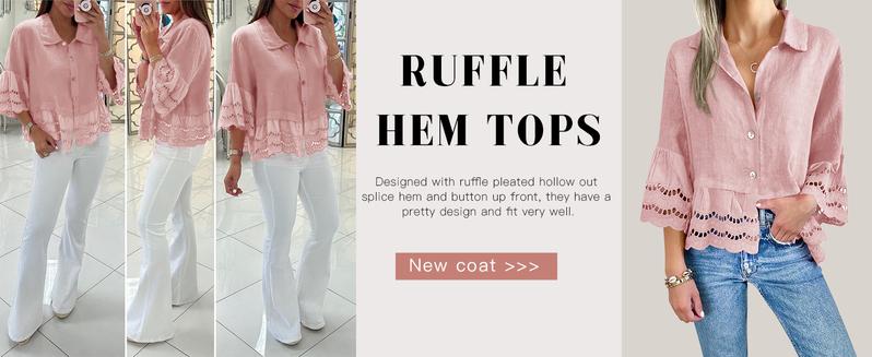 Danedvi Womens Casual Button Up Shirts Trendy Loose Hollow Out Ruffle Hem and 3/4 Sleeve Blouse Tops
