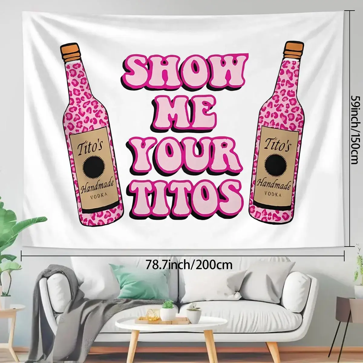 Bottle & Letter Pattern Tapestry, Fashionable Personalized Wall Hanging, 60in x 40in Peach Skin Fabric Single-Sided Decor for Living Room Bedroom Dorm Studio, Modern Graphic Wall Art Home Decoration Gift