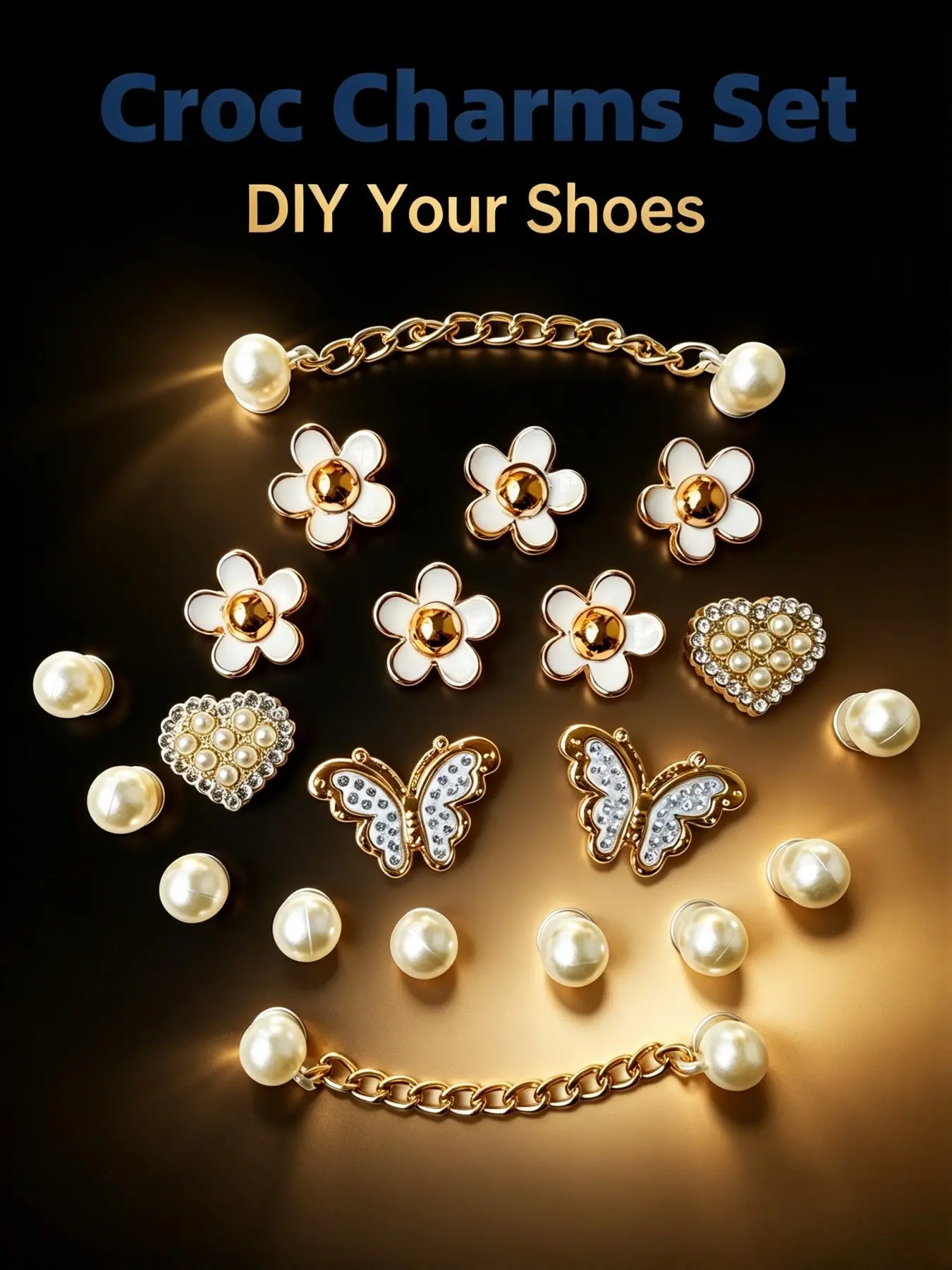 Luna Alone Summer Beach Heart Butterfly Gold Series Holes Shoe Accessories, Shoe Charms, Pearl Flower Crystal Rhinestone Decor, Birthday Gift
