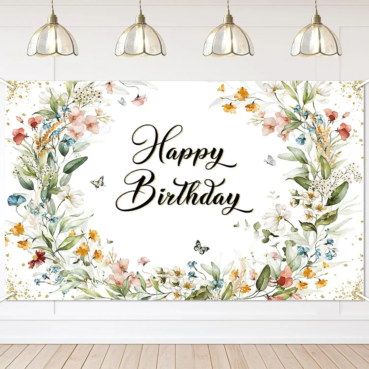 Floral Birthday Backdrop for Girls Spring Butterfly Happy Birthday Photography Background Greenery Wildflower B-Day Banner 70.8 x 43.3 Inch