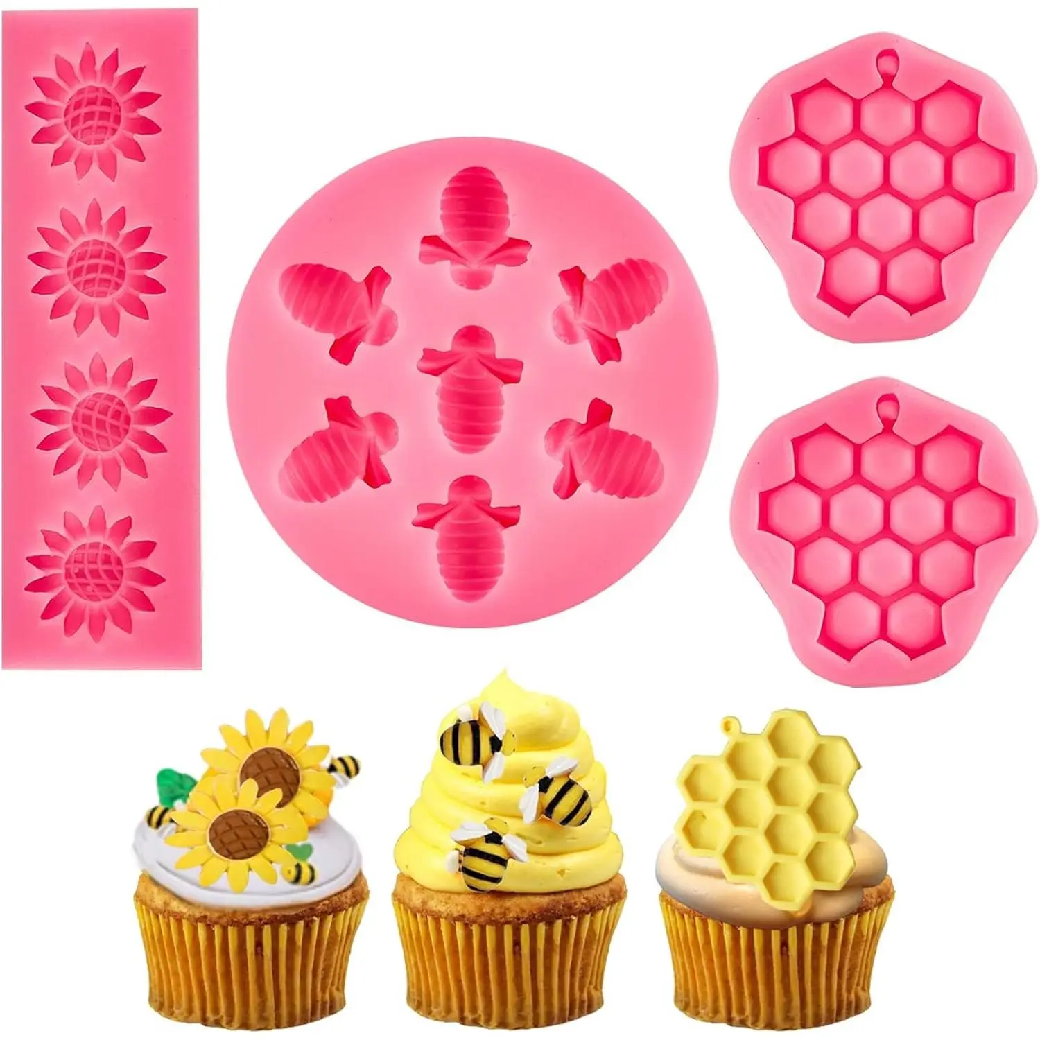 4 Pieces Bumble Bee Silicone Mold Honeycomb Sunflower and Bee Fondant Molds for Cupcake Cake Decorating Sugar Chocolate Candy Baking Mold