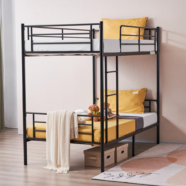 Iron Bed Bunk Bed with Ladder for All Ages Twin Size Black Bedroom Bedframe with 33.5cm Fence & 26.5cm Storage Space Modern Design