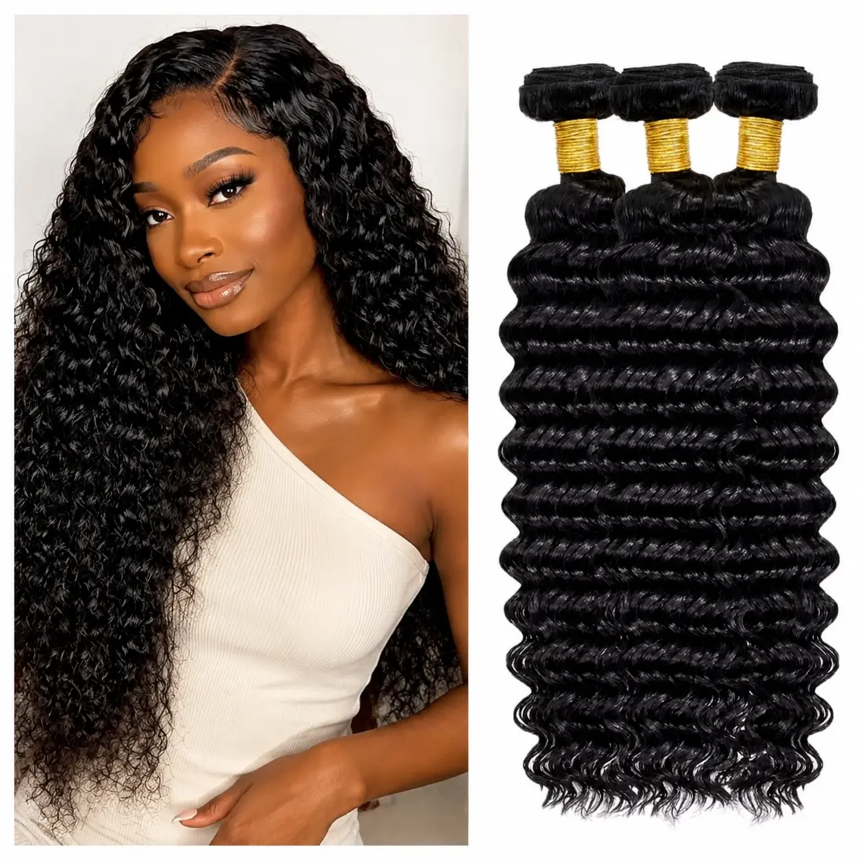 Human Hair Blend Bundles, Natural Black Straight, Body Wave & Deep Wave, Soft Thick Full Wefts for Quick Weave, Sew-In and Wig Making