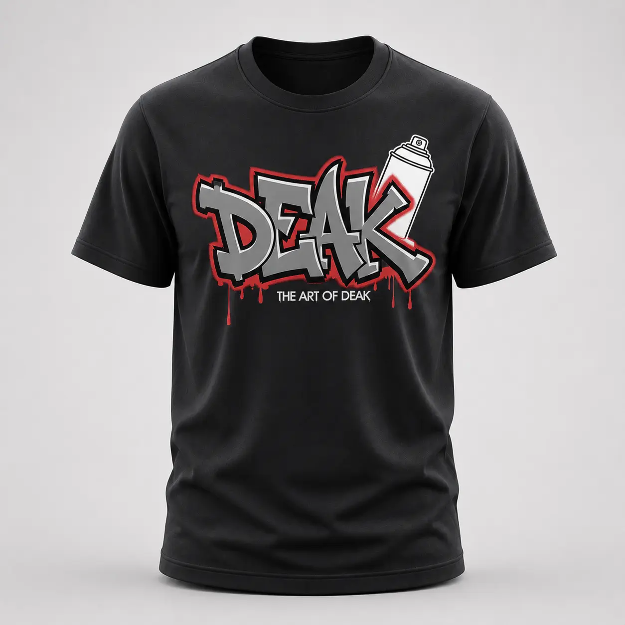 Viral TikTok Graffiti Spray Can Graphic Tee | Red Drip "DEAK" Letter Design | High-Quality 100% Cotton Black Shirt | Trendy Hip-Hop Streetwear Aesthetic | Cool Unisex Everyday Essential. Stand out with this vibrant, eye-catching graffiti style.