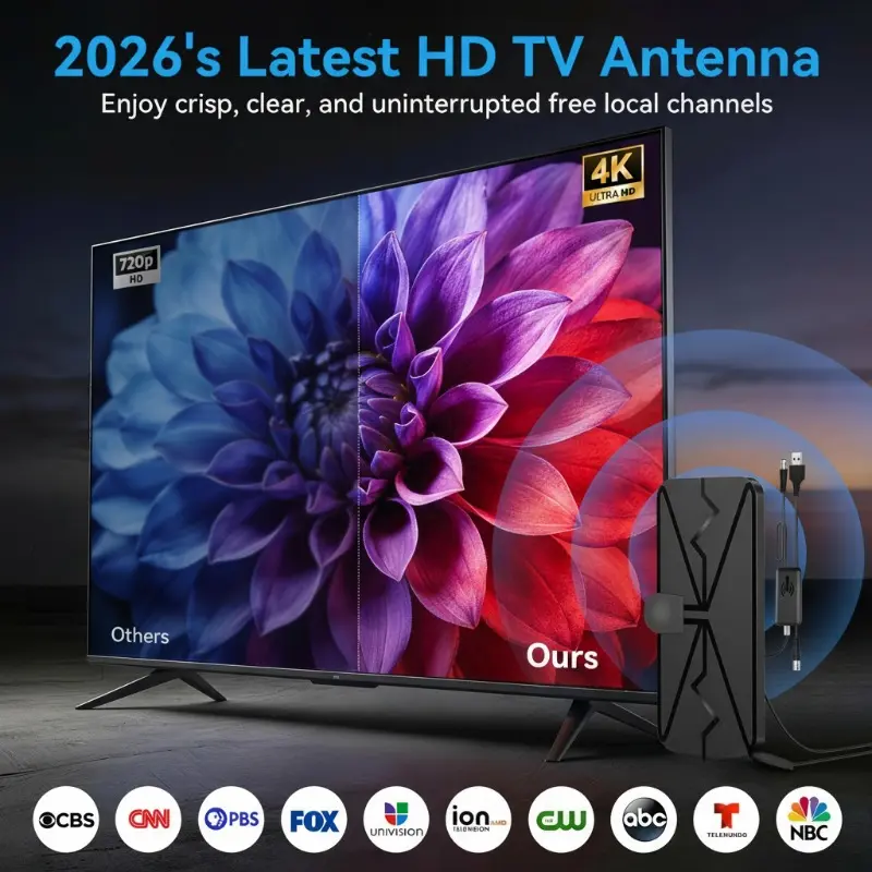 Digital TV Antenna, 4K/1080P Ultra HD, Ultra-Long Range Signal Reception, Free Sports Viewing, Compatible with All Local Free-to-Air Channels, Easy Installation, Compact Portable Indoor Antenna, Suitable for Urban And Rural Areas, Works with New And