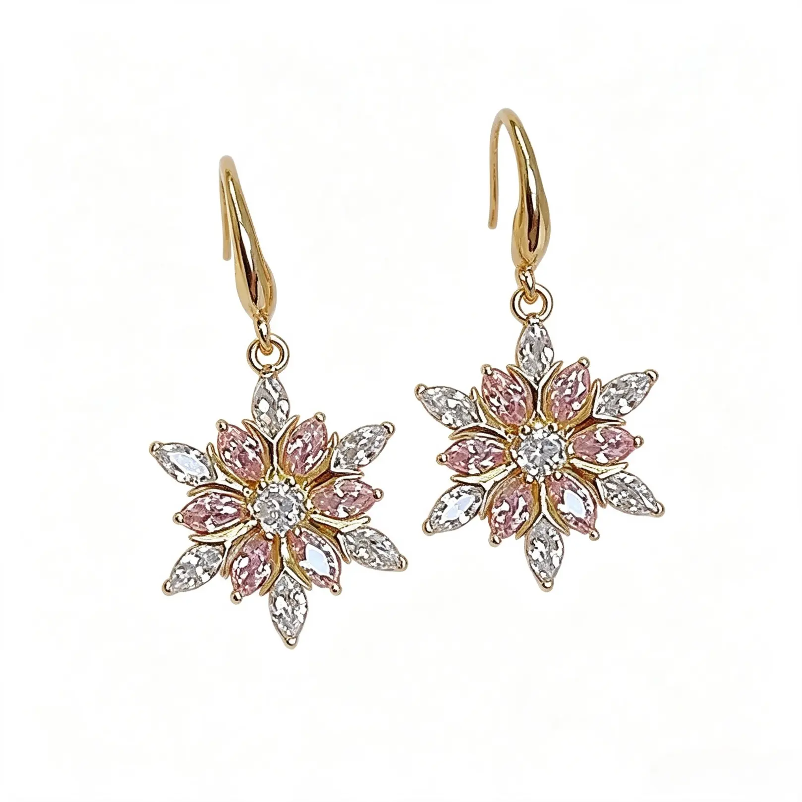 A Pair Of Exquisite Snowflake Dangle Earrings, Inlaid Pink & Clear Crystals, Elegant Sweet Jewelry Accessories For Women, Suitable For Daily Wear, Parties And Holiday Occasions