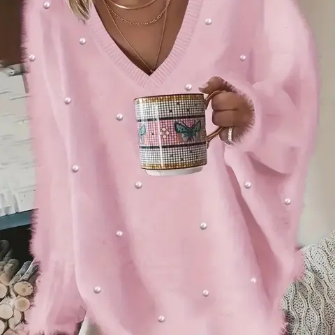 Plus Size Solid Color Casual V-Neck Beaded Long Sleeve Pullover Sweater for Women, Comfortable and Stylish Knitwear for Daily Wear