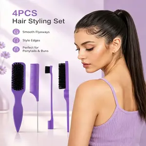 4Pcs Unique Curved-Handle Purple Hair Styling Brush & Comb Set, Ergonomic Non-slip Handle Hair Molding Tools with Multi-purpose Double-sided Brush & Precision Rat Tail Comb for Edge Control, Detangling, Slick Back Braids