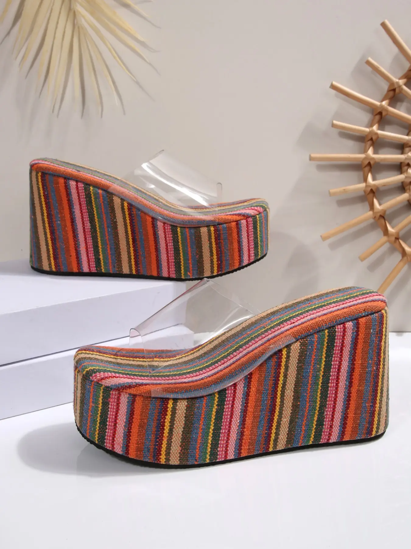 Women Multi Stripe Fabric Clear PVC Single Strap Open Toe Platform Wedge Slide Sandals，Soft Cushioned Anti-Slip Elevated Wedge Sole，Boho Vacation Street Casual Footwear，1 Color Multi Stripe Print