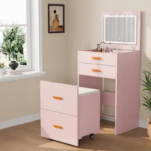 3-in-1 Vanity Desk with LED Mirror – Dressing Table Set Includes Storage, Bedside Table & Rolling Chair – Ideal for Girls' Bedrooms & Apartments