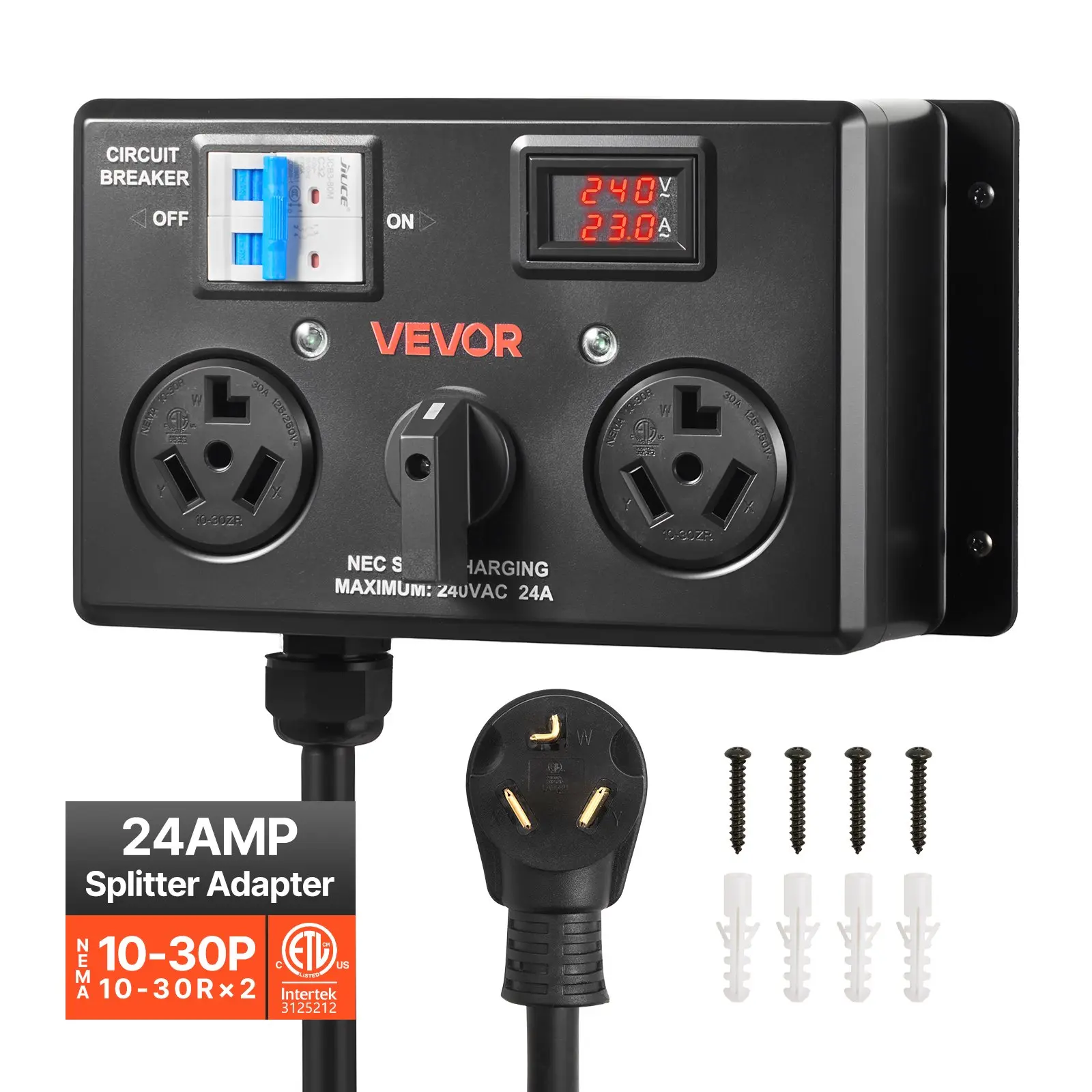 VEVOR Manual EV Charging Splitter Switch with Dual 10-30 Outlets, 240V Max AC Power Supply, 24A Max Load, Circuit Breaker, Real-Time Display, Hand-Operated Selector, Plug-and-Play, ETL Certified