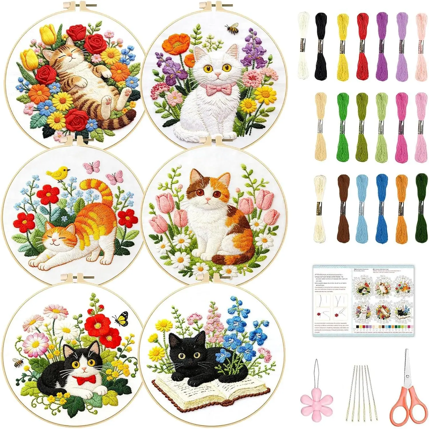 6 Set  and  Embroidery Kit for Adults Beginners, Pre-Stamped  Needlepoint Kits with Hoop, Tools, Instruction, Hand Embroidery Kits for Gifts, Fabric and  Decor 7.9x7.9