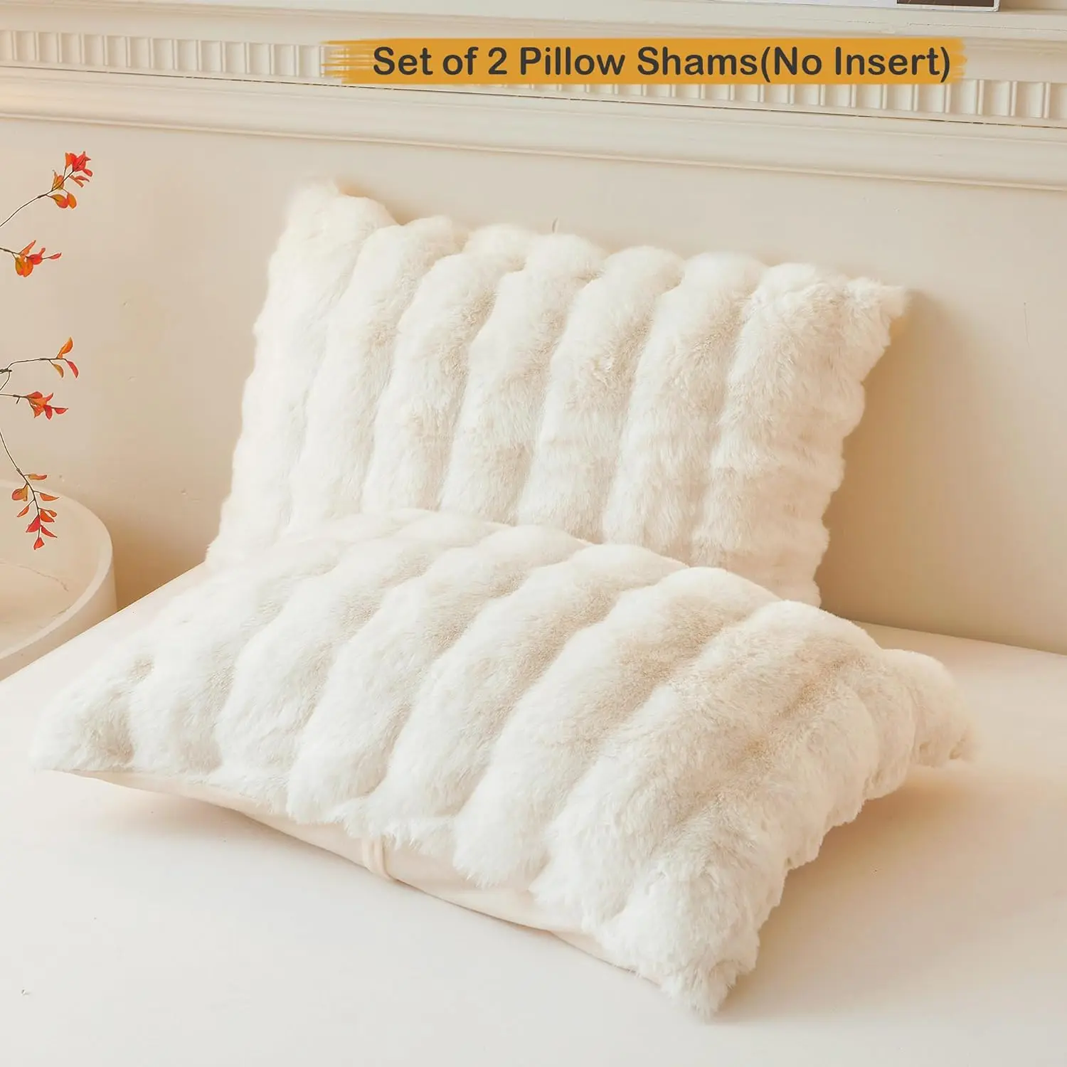 Pack Fluffy Faux Rabbit Fur Pillow Cases, Soft Plush Shaggy Bubble Pillowcases Standard Size with Zipper Closure, Furry Fuzzy Ivory Long Pillow Shams Bedroom Living Room 20x26, Beige