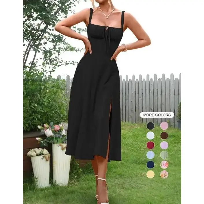 2026Women's Plain Ruched Boning Corset Milkmaid Dress, Lace Up Dress, Party Dress, Split Thigh Dress, Tie Front Dress, Elegant Square Neck Midi Dress, Dresses for Women, Frenchy Style Dress Formal Womenswear Comfort Workwear Basic Minimalist-TAO