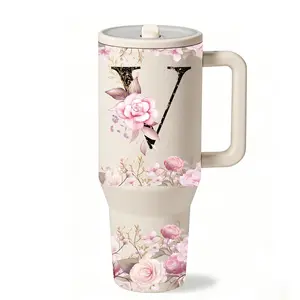 1 Pc 40oz Personalized Initial Letter V Insulated Tumbler with Handle and Lid, Drinkware, Custom Name Floral Stainless Steel Vacuum Cup, Monogram Rose Travel Mug for Iced Coffee and Water, Keeps Hot 12H Cold 24H, Gift for Women Mom Wife Best Friend