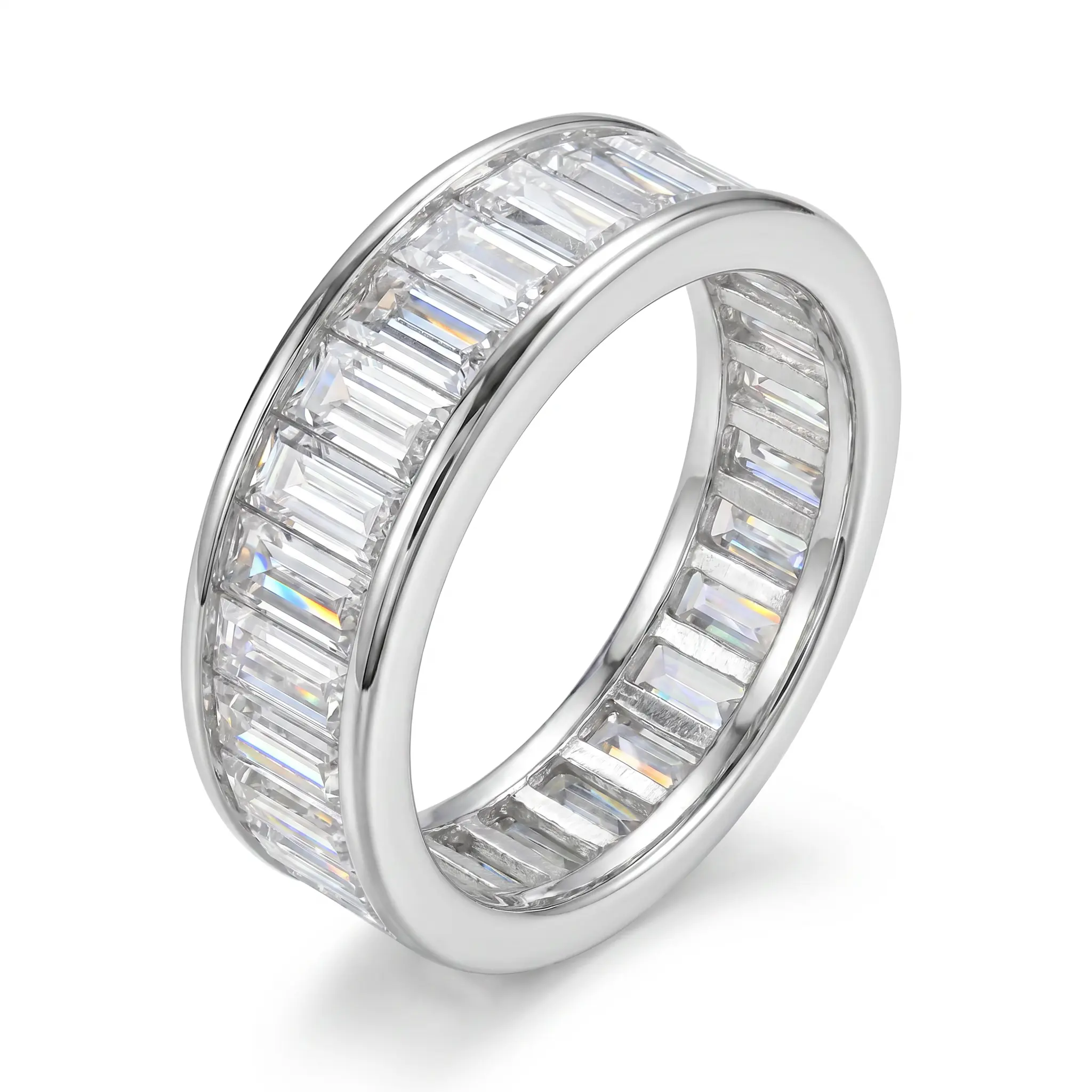 ZIIYONG Women's Baguette Cut Moissanite Eternity Band, 925 Sterling Silver Channel Set Ring