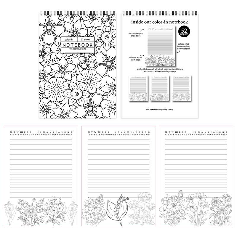 Floral Pattern Cover Spiral Notebook, 1 Count 52 Weeks Design Notebook, Suitable for Teens, Adults, Teachers, Perfect for Those Who Love Coloring and Doodling