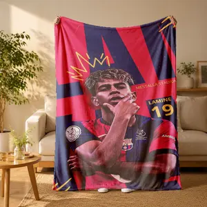 Lamine Yamal Barcelona No.19 Star Print Flannel Blanket - Suitable for all seasons, soft, lightweight and breathable, for bedroom, seasonal and holiday decorations - Perfect for beds, sofas, offices, camping and travel