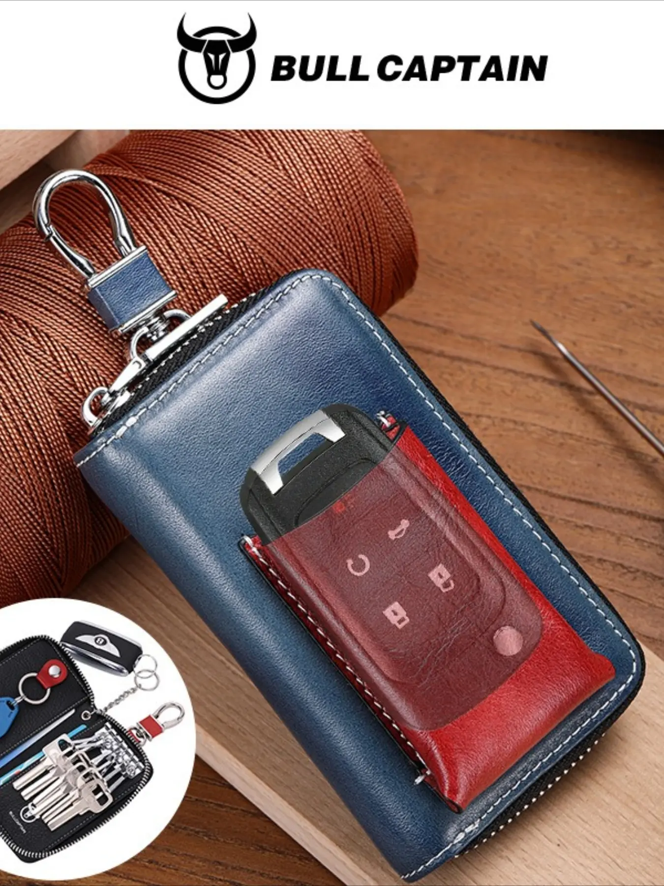 Leather car key bag, card bag, wallet, three-in-one first-layer cowhide key, access control card cover, change bag.